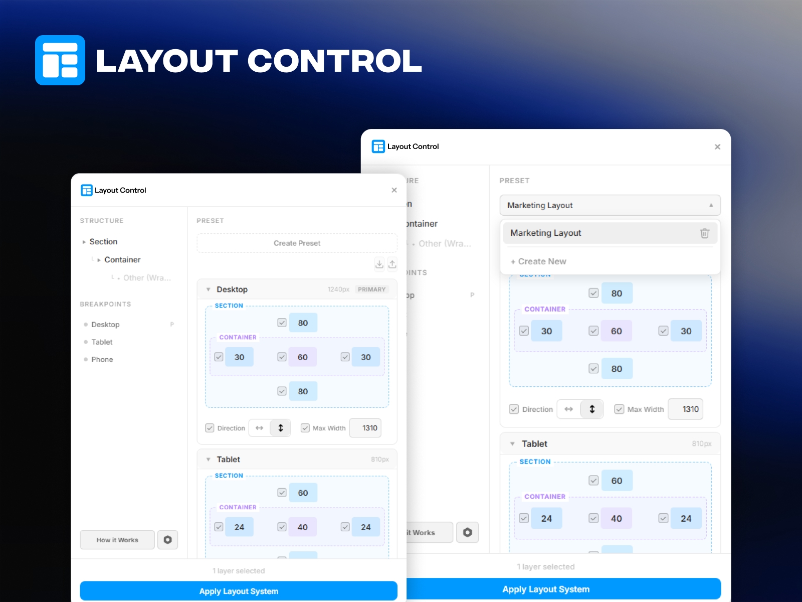 Thumbnail 1 for Layout Control, a Framer Marketplace plugin by Framer Geeks.
