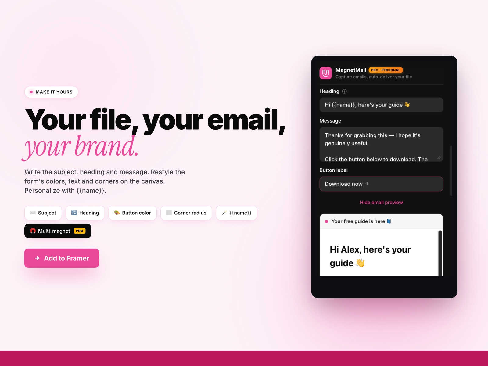 Screenshot 3 for MagnetMail, a Framer Marketplace plugin by Khushal Dewra (KDX Studios).