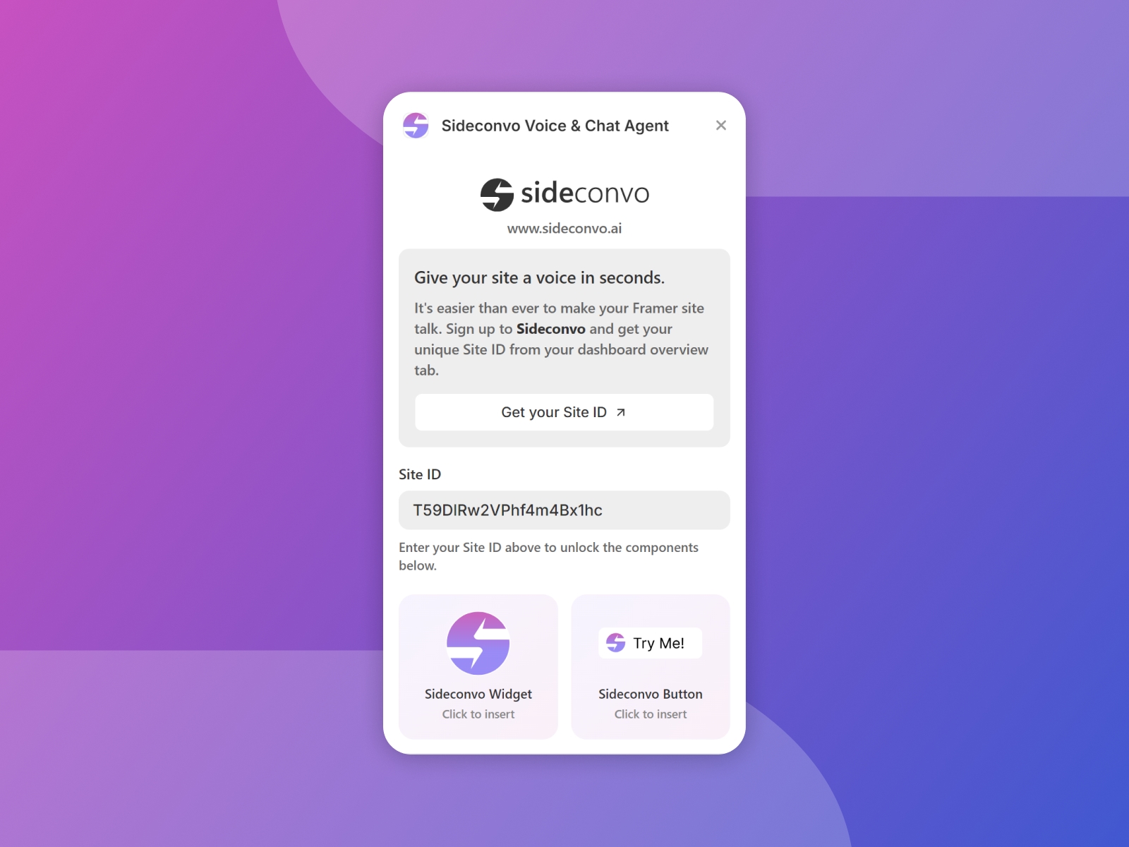 Thumbnail 1 for Sideconvo Voice & Chat Agent, a Framer Marketplace template by Sideconvo ..