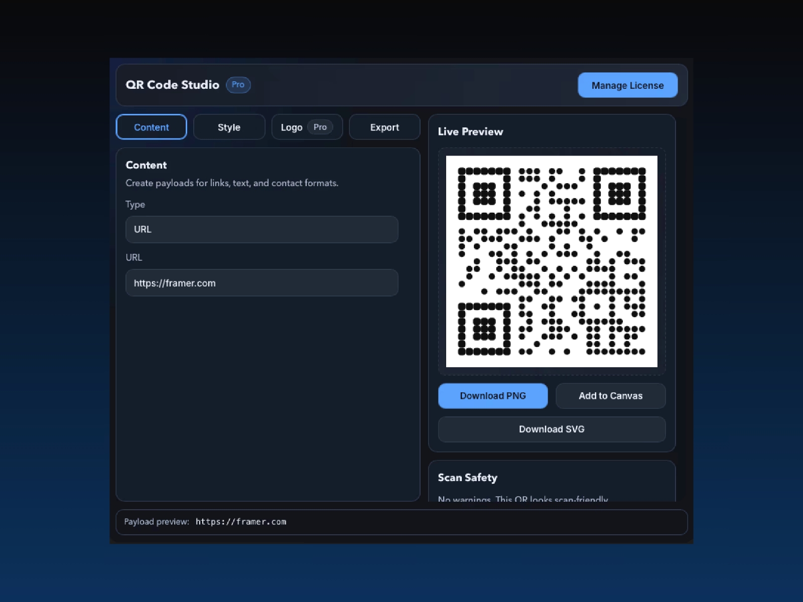 Thumbnail 1 for QR Code Studio, a Framer Marketplace template by Kami.