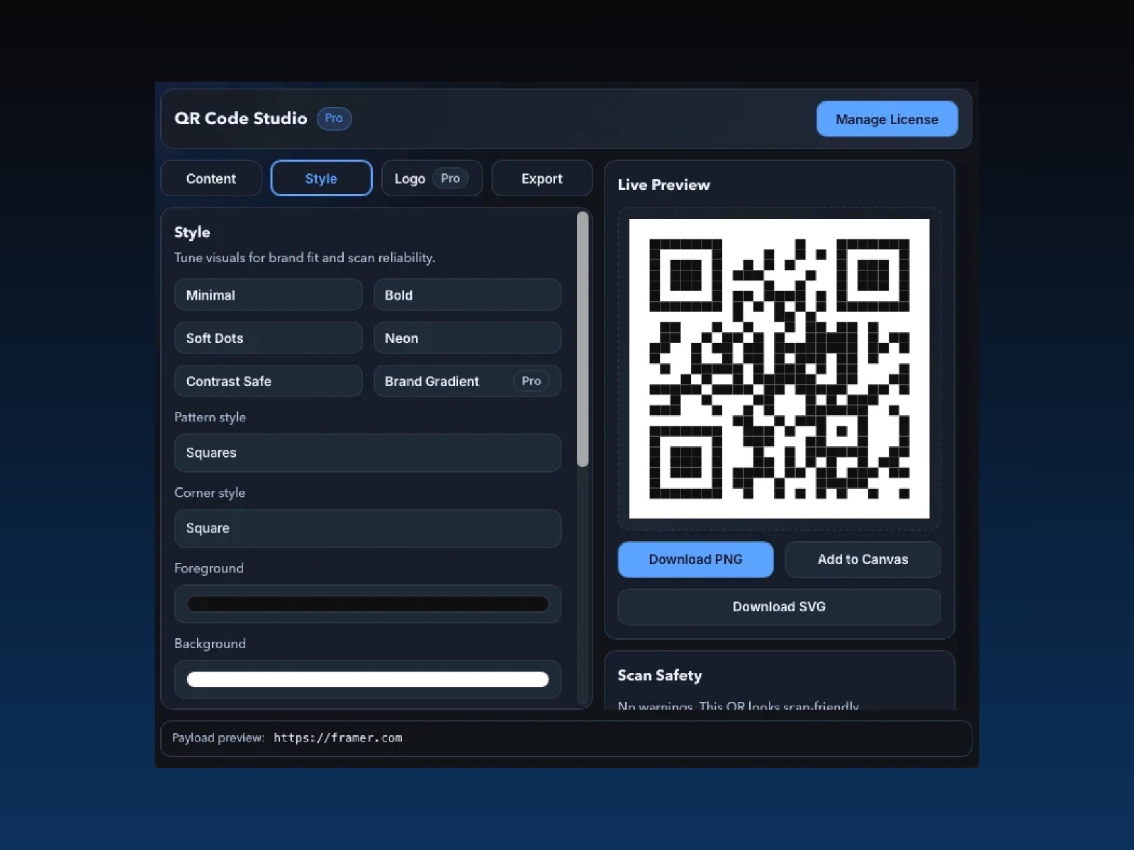 Thumbnail 2 for QR Code Studio, a Framer Marketplace template by Kami.