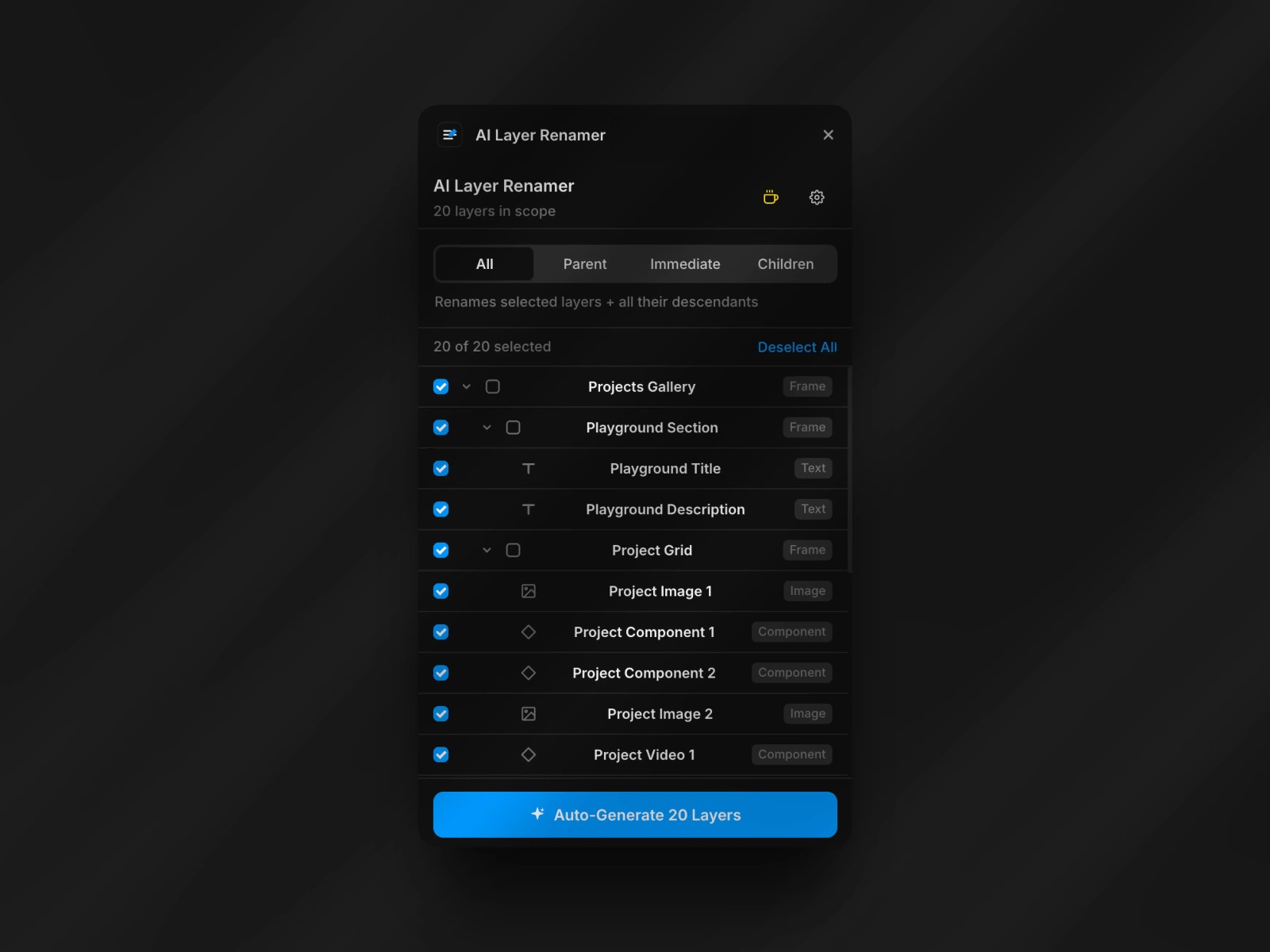 Thumbnail 1 for AI Layer Renamer, a Framer Marketplace template by Leo Moschen.