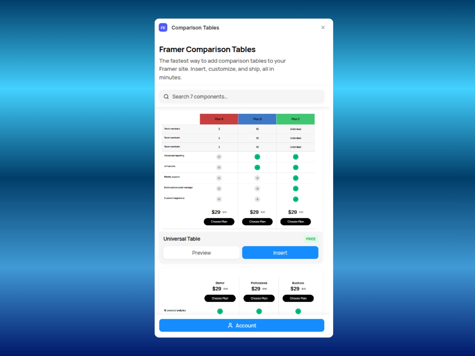 Screenshot 1 for Comparison Tables, a Framer Marketplace plugin by Kai Studio.