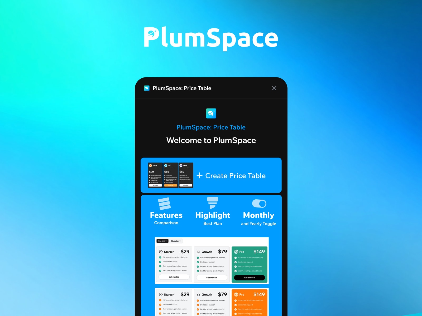 PlumSpace: Pricing Table Comparison