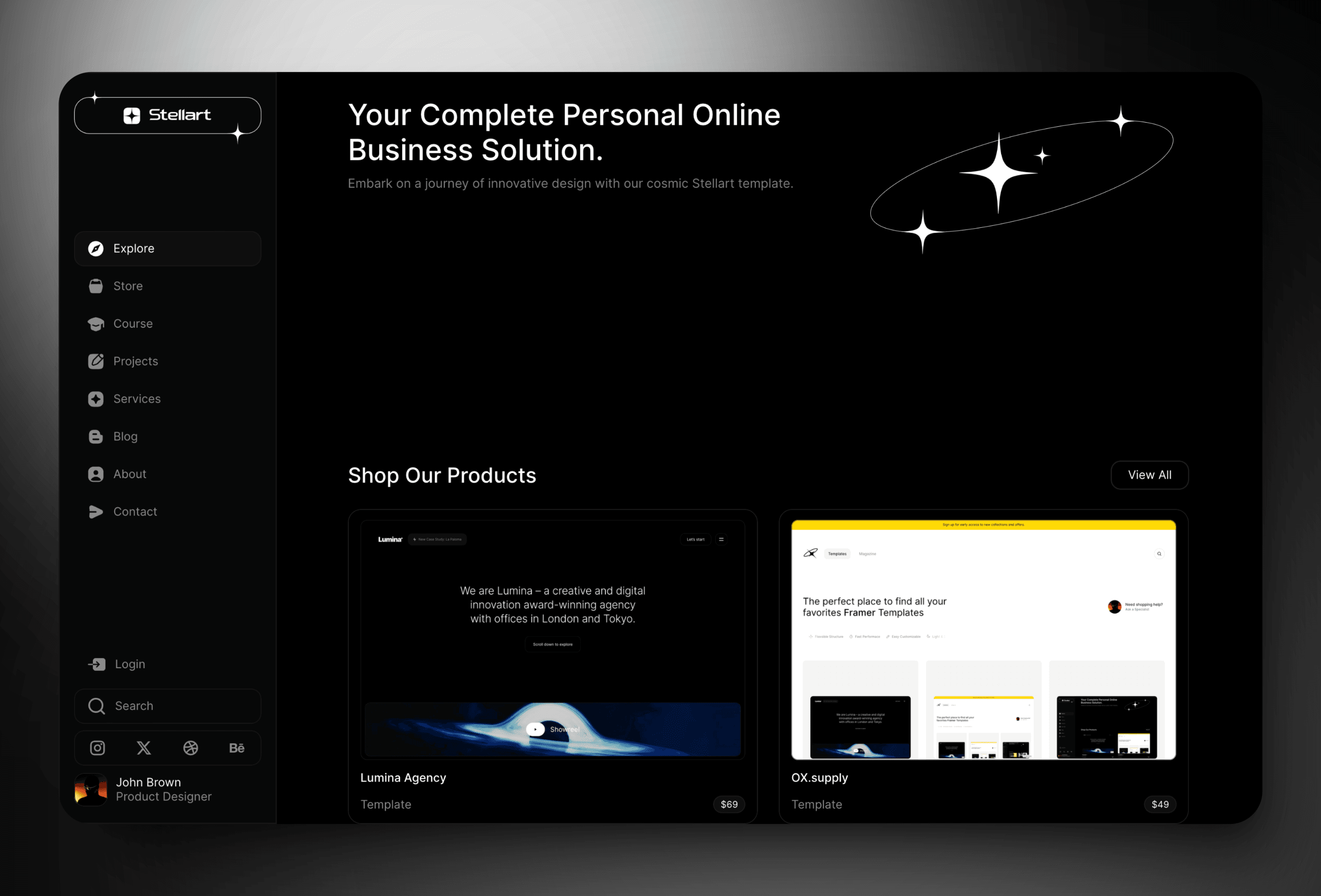 Screenshot 2 for Stellart, a Framer Marketplace template by orbitx.