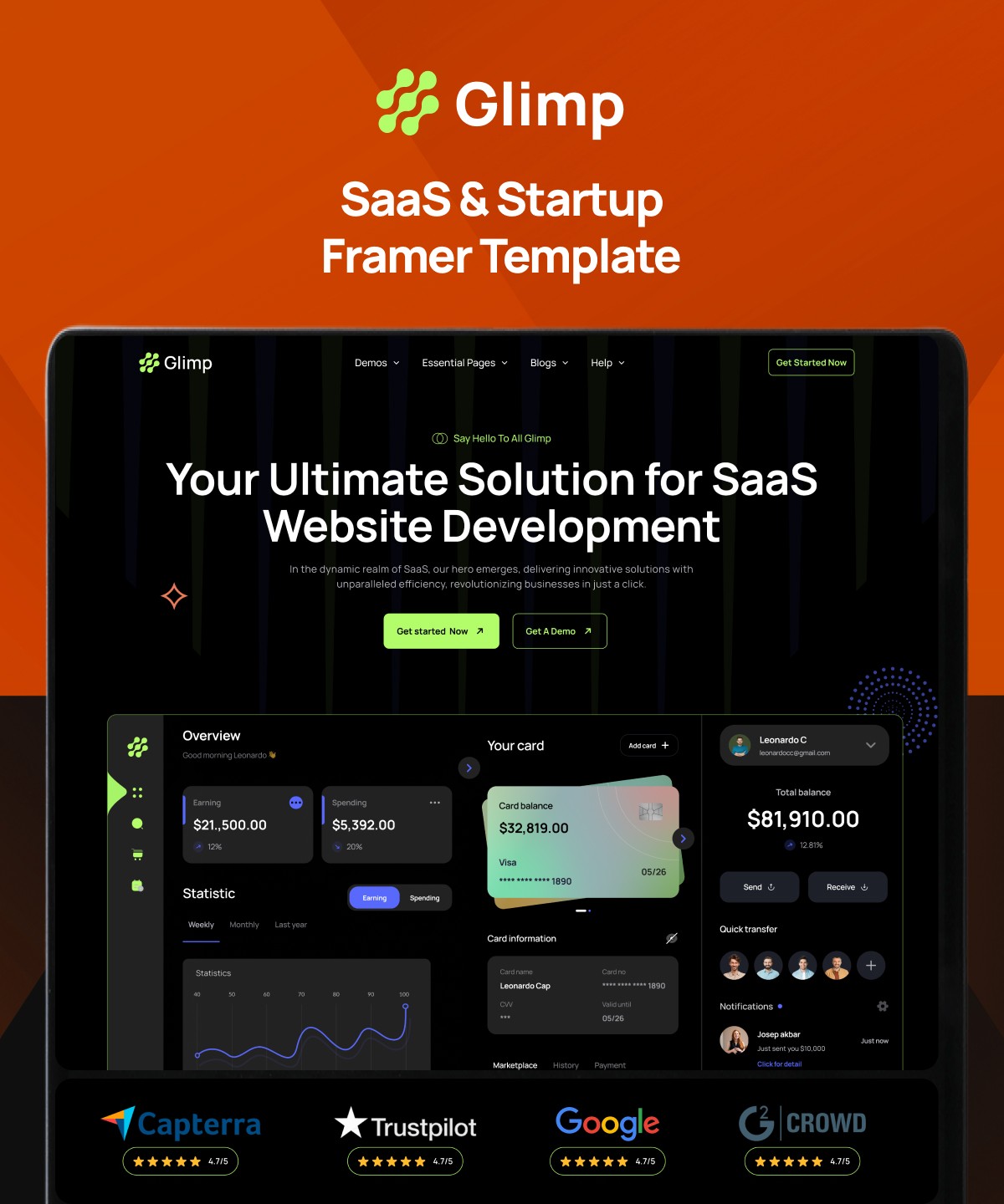 Screenshot 1 for Glimp, a Framer Marketplace template by Mezario.