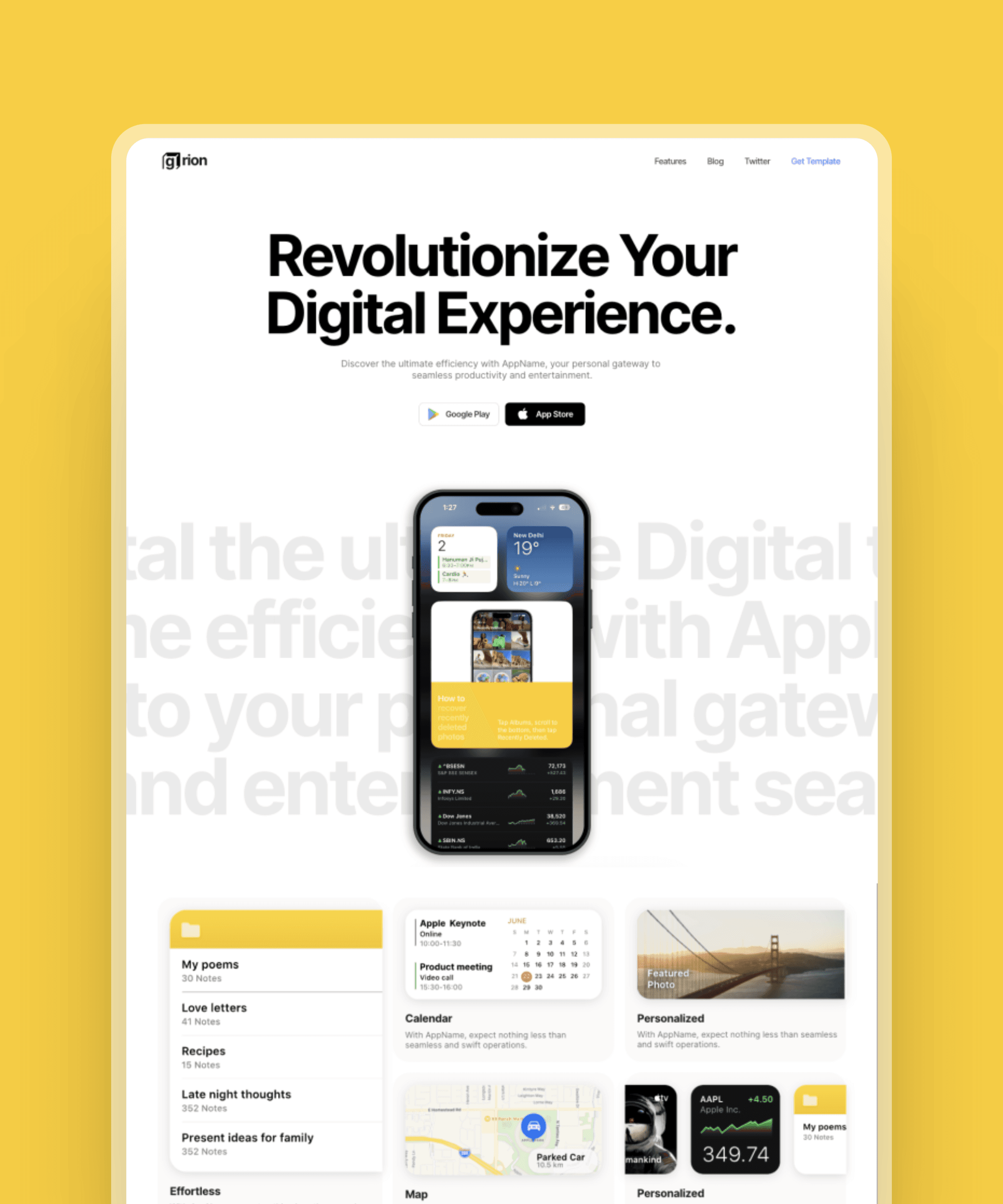 Screenshot 1 for Grion, a Framer Marketplace template by Vedant Jamwal.