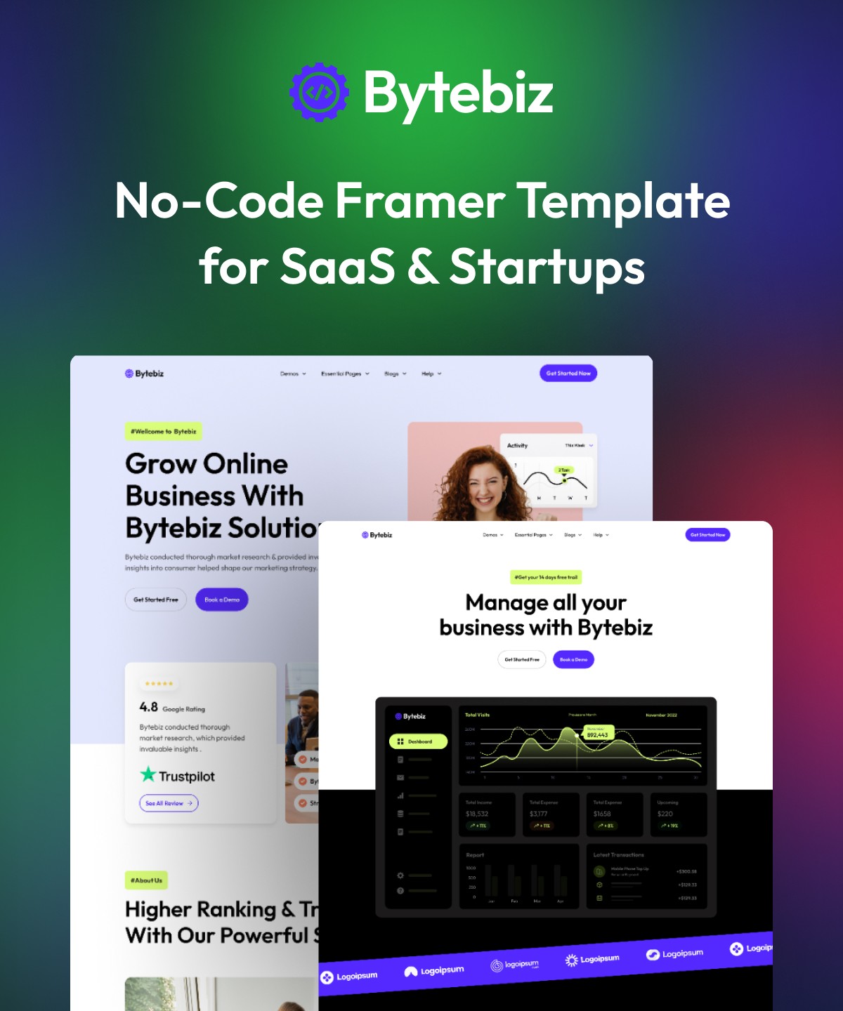 Screenshot 1 for Bytebiz, a Framer Marketplace template by Mezario.